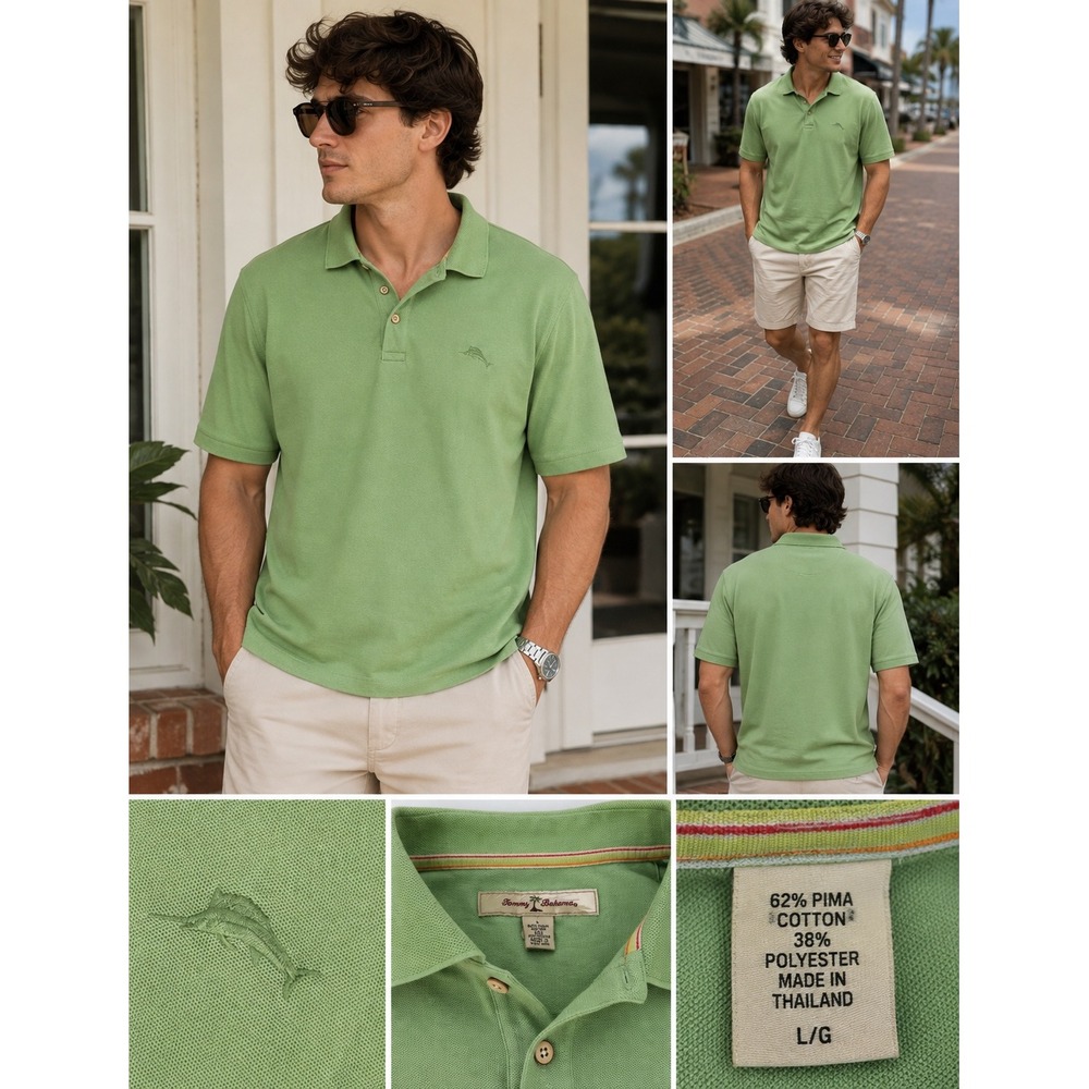 Tommy Bahama Mens Emfielder Pima Cotton Blend Polo Shirt Green Large